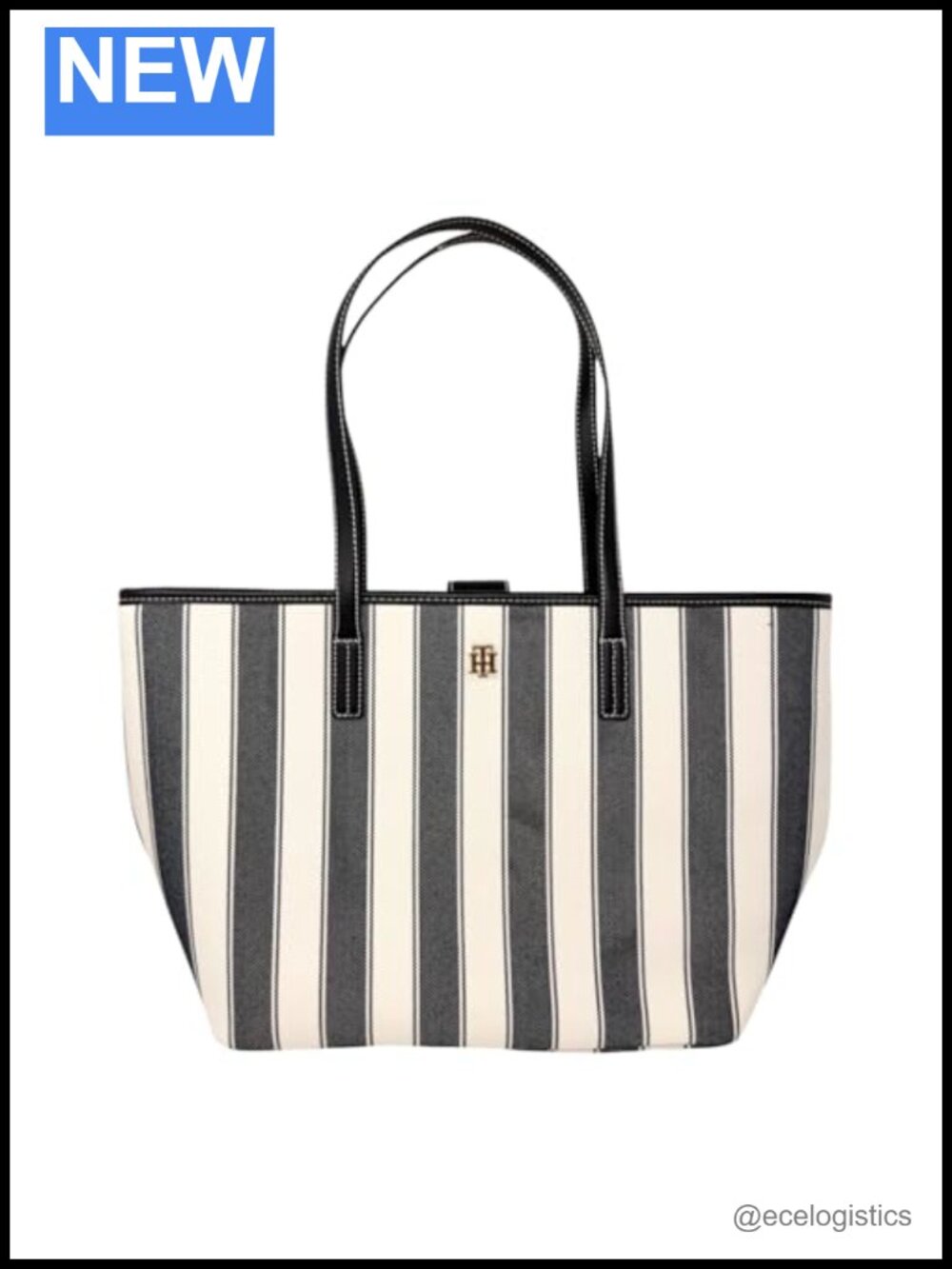 Tommy Hilfiger Women's Rory Stripe Canvas Tote, Large, Faux Leather Trim